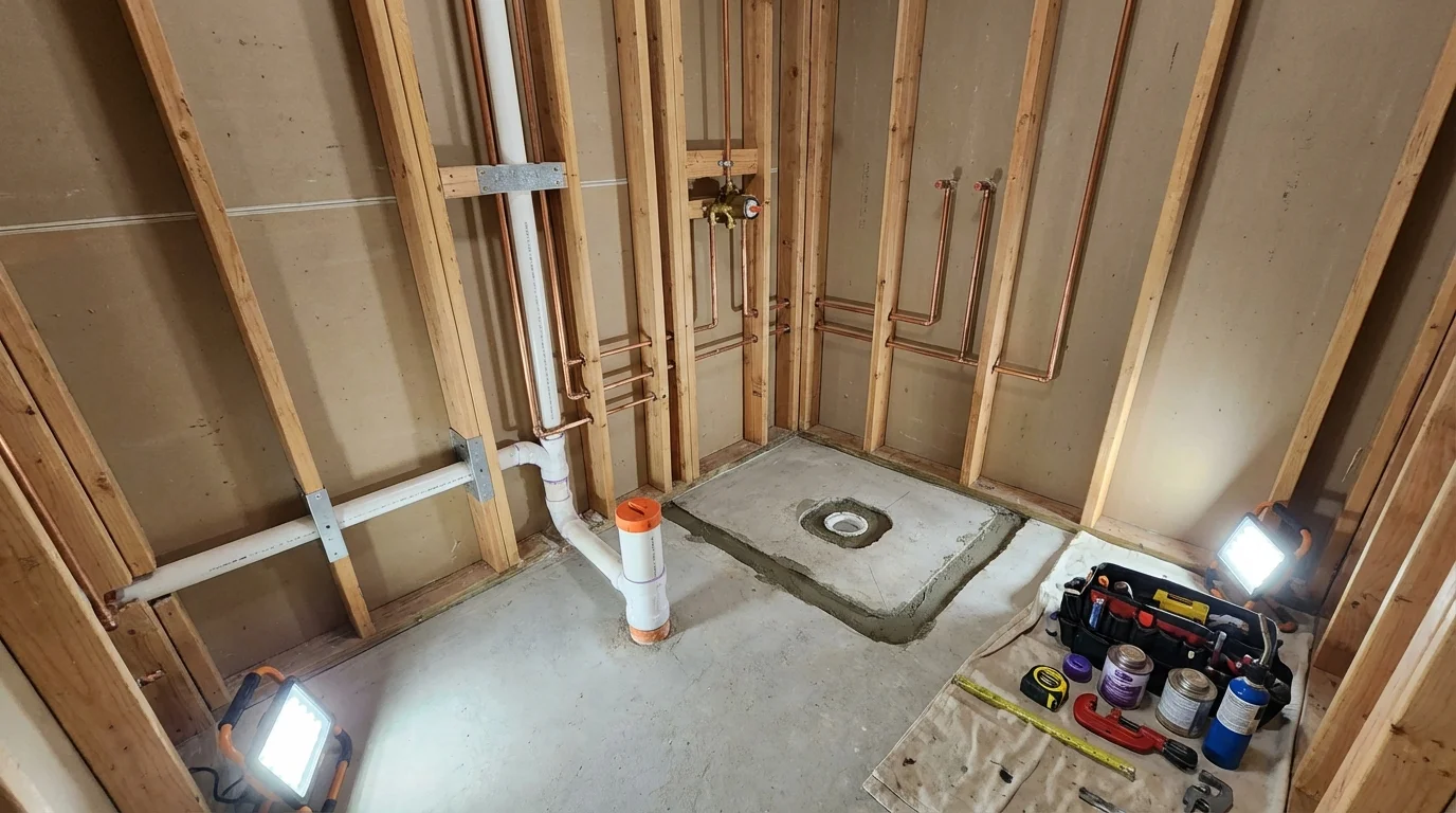 Bathroom rough-in plumbing during remodel by Johns Plumbing LLC in Thorntown