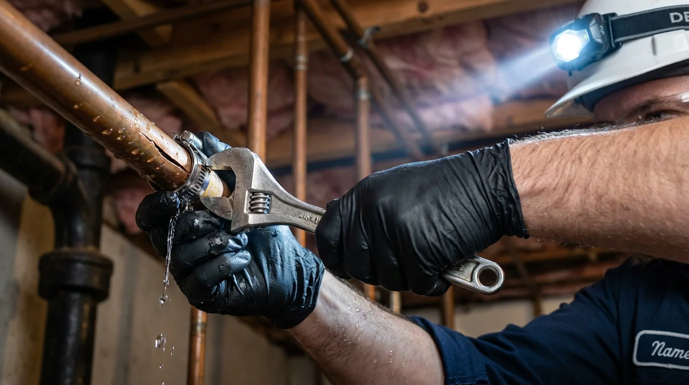 Emergency pipe clamp repair being performed by a Johns Plumbing LLC plumber in Thorntown