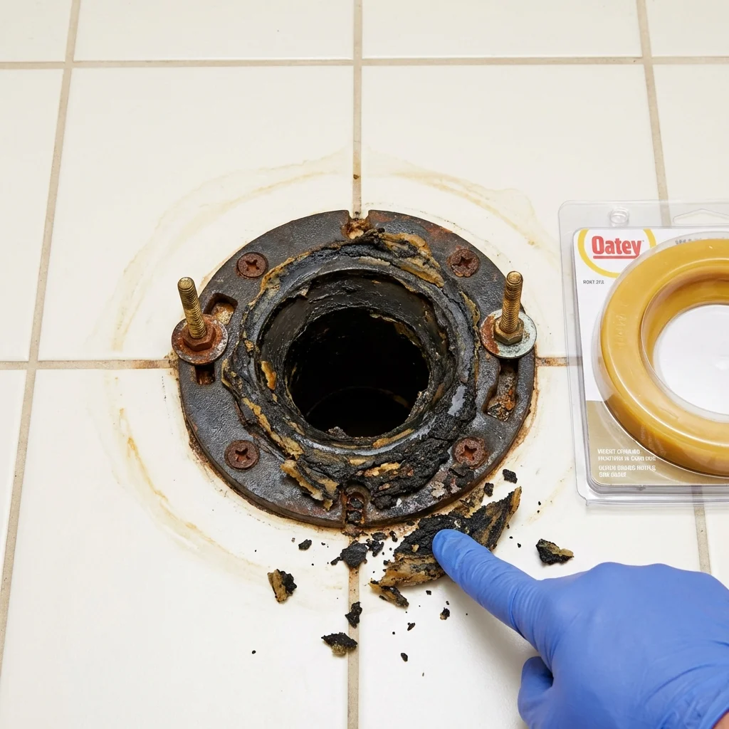 Failed wax ring showing water seepage at the base of a toilet in a Thorntown, IN home