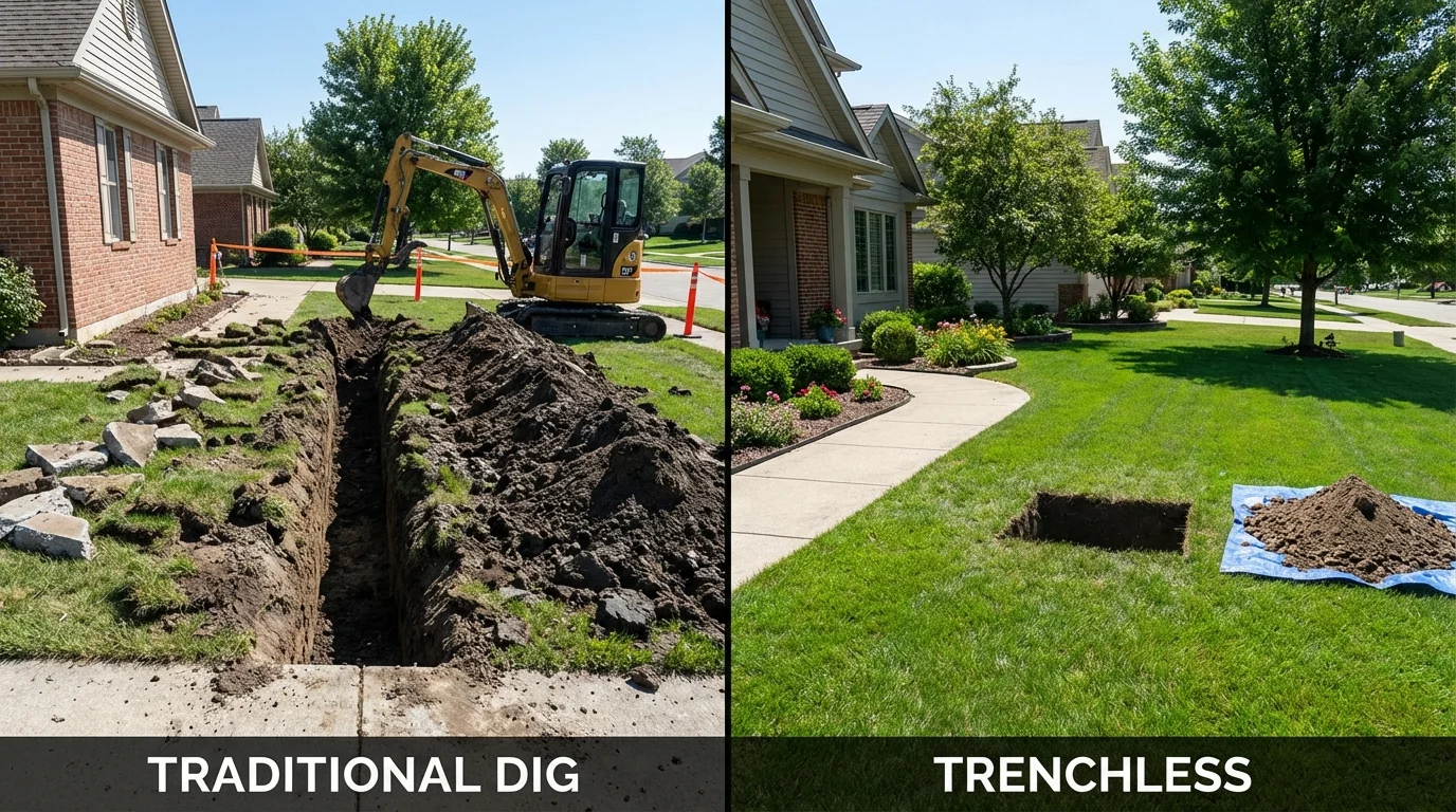 Trenchless sewer repair with minimal yard damage versus traditional excavation in Thorntown, IN