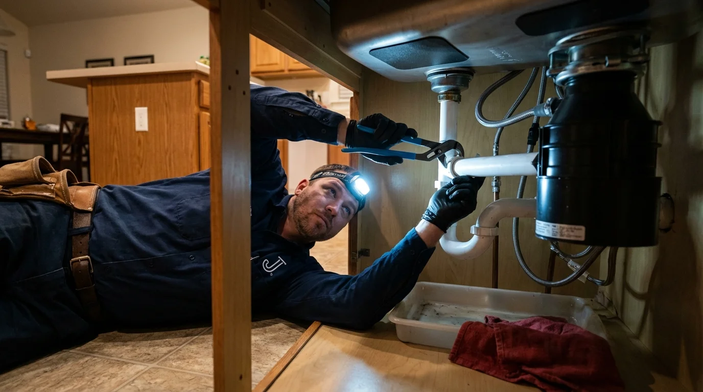 P-trap and supply line connections under a kitchen sink showing a common leak point in Thorntown, IN